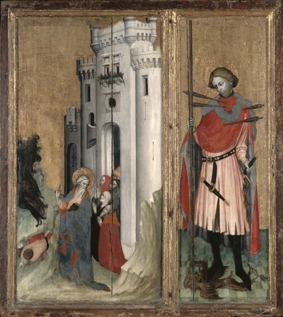 St. Andreas verjaagt demonen uit de stad Nicea en St. Sebastiaan, rechterpaneel van het Thouzon altaarstuk, School van Provence door French School